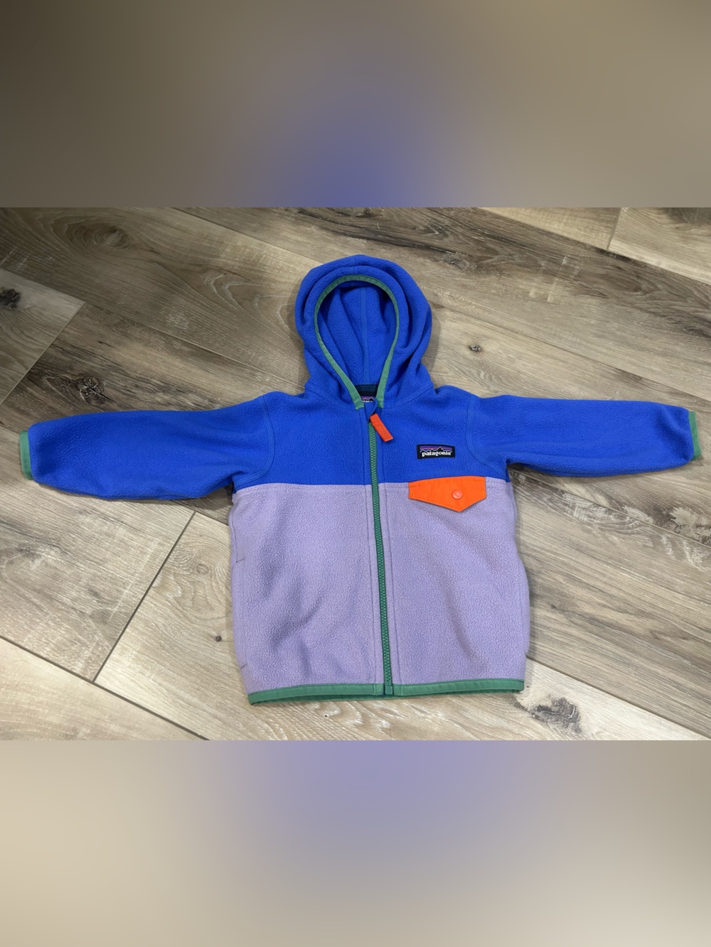 Patagonia baby Fleece Jacket - Bright Blue with Green Trim & Orange Pull